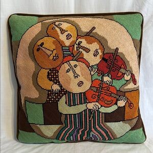 Vintage colorful needlepoint pillow *Cover Only* violin players concert 15” sq